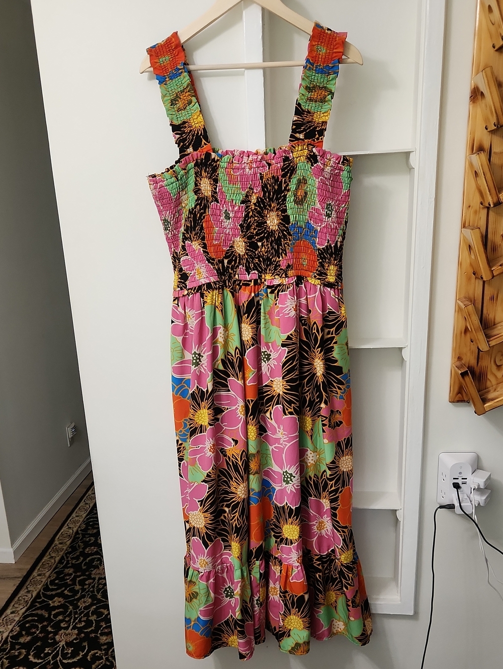 Anthropologie Entro Floral Smocked Midi Dress 1X Retro Boho Sundress